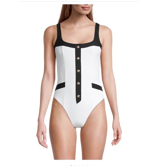 BALMAIN Signature Button Contrast One Piece Swimsuit - Picture 2 of 10